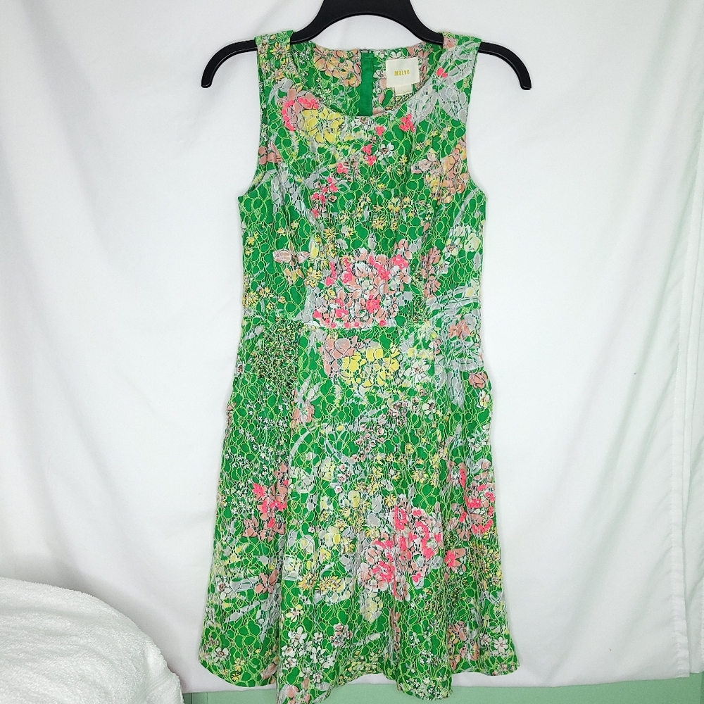 MAEVE Anthropologie Verbena Green Floral Sleeveless Dress With Pink Sequins Sz.0
